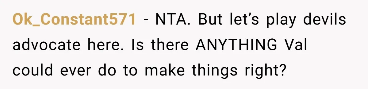 Ok_Constant571 − NTA. But let’s play devils advocate here. Is there ANYTHING Val could ever do to make things right?