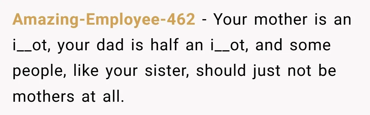Amazing-Employee-462 − Your mother is an i__ot, your dad is half an i__ot, and some people, like your sister, should just not be mothers at all.