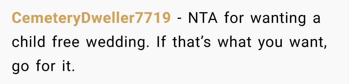 CemeteryDweller7719 − NTA for wanting a child free wedding. If that’s what you want, go for it.