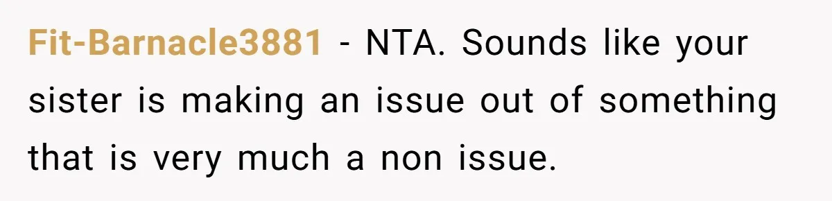 Fit-Barnacle3881 − NTA. Sounds like your sister is making an issue out of something that is very much a non issue.
