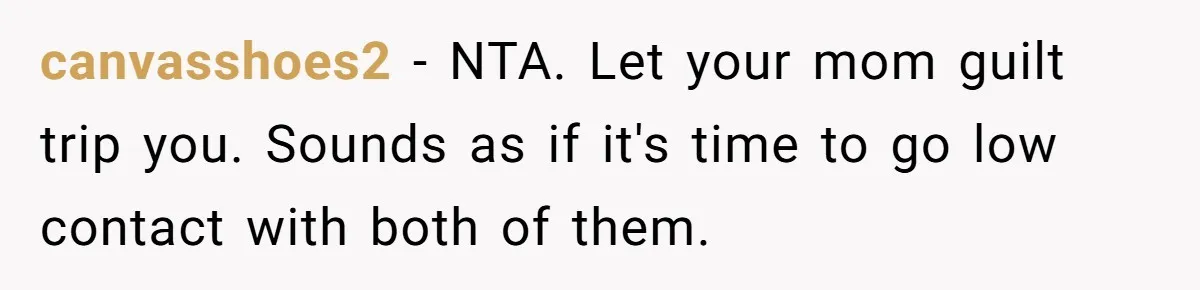 canvasshoes2 − NTA. Let your mom guilt trip you. Sounds as if it's time to go low contact with both of them.