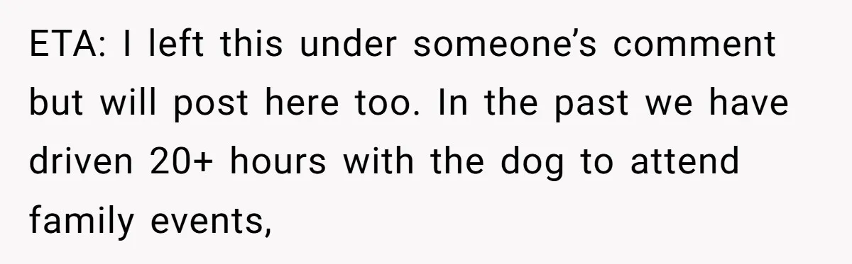 ETA: I left this under someone’s comment but will post here too. In the past we have driven 20+ hours with the dog to attend family events,
