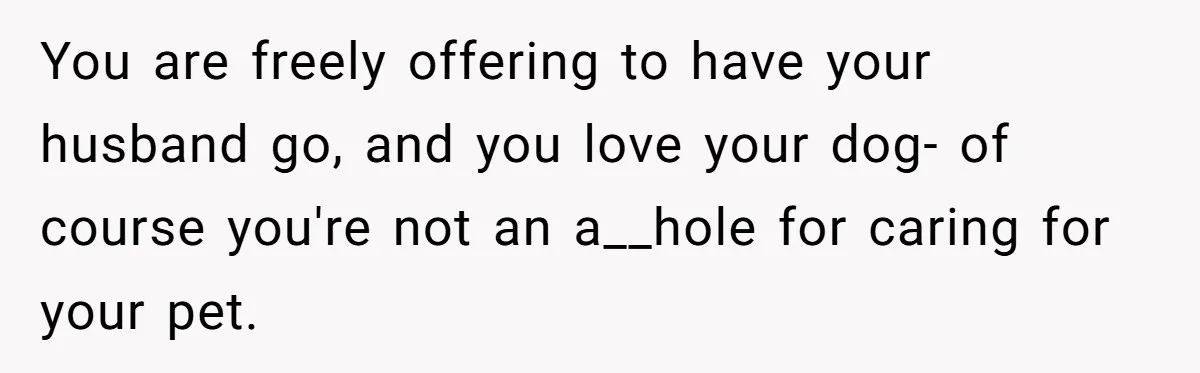 You are freely offering to have your husband go, and you love your dog- of course you're not an a__hole for caring for your pet.