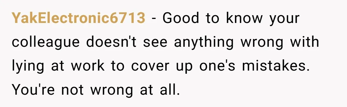 YakElectronic6713 − Good to know your colleague doesn't see anything wrong with lying at work to cover up one's mistakes. You're not wrong at all.