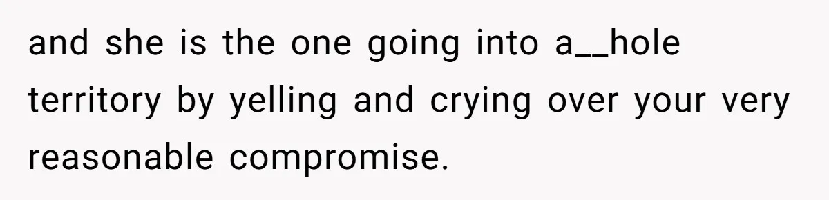 and she is the one going into a__hole territory by yelling and crying over your very reasonable compromise.