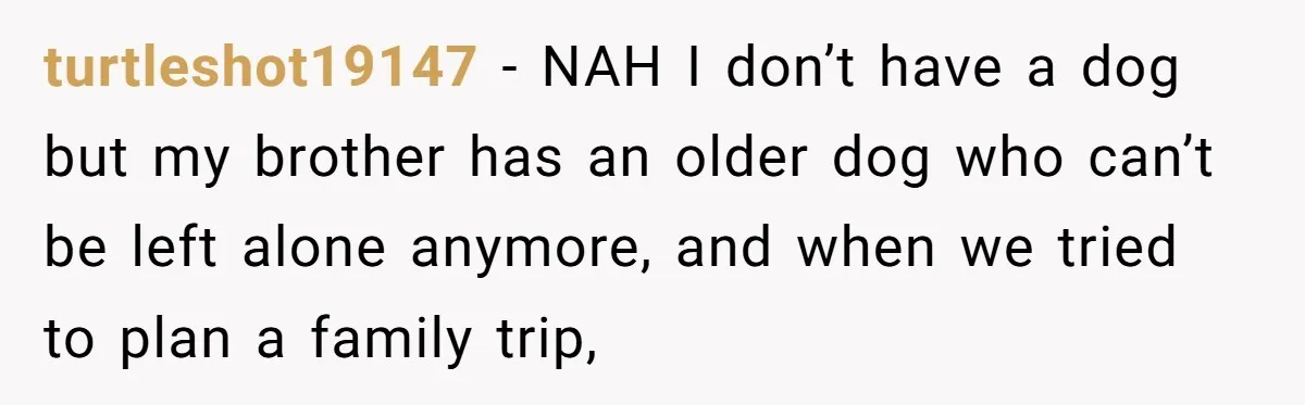 turtleshot19147 − NAH I don’t have a dog but my brother has an older dog who can’t be left alone anymore, and when we tried to plan a family trip,