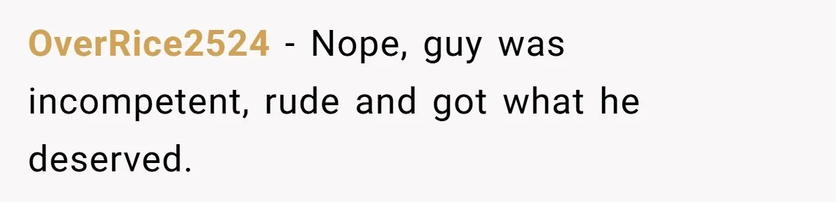 OverRice2524 − Nope, guy was incompetent, rude and got what he deserved.