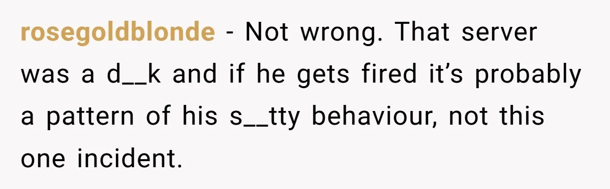 rosegoldblonde − Not wrong. That server was a d__k and if he gets fired it’s probably a pattern of his s__tty behaviour, not this one incident.
