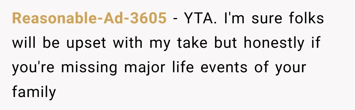 Reasonable-Ad-3605 − YTA. I'm sure folks will be upset with my take but honestly if you're missing major life events of your family