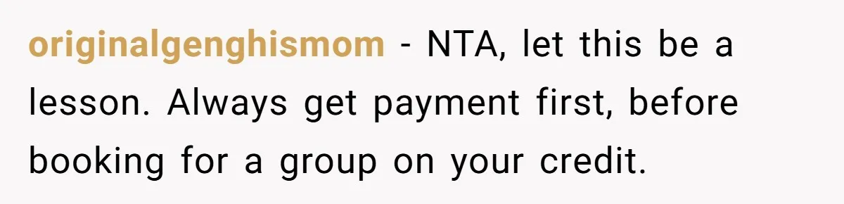 originalgenghismom − NTA, let this be a lesson. Always get payment first, before booking for a group on your credit.