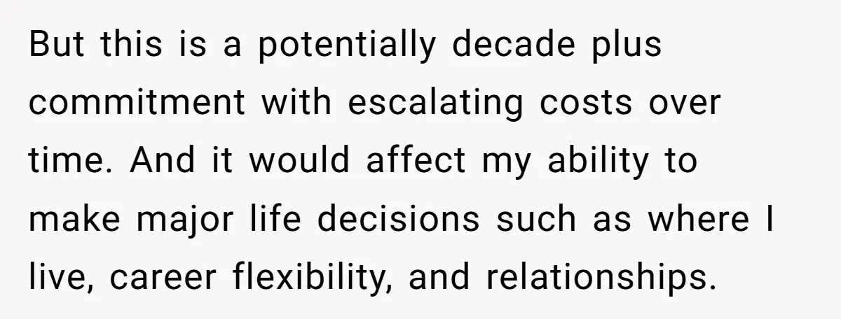 But this is a potentially decade plus commitment with escalating costs over time. And it would affect my ability to make major life decisions such as where I live, career...