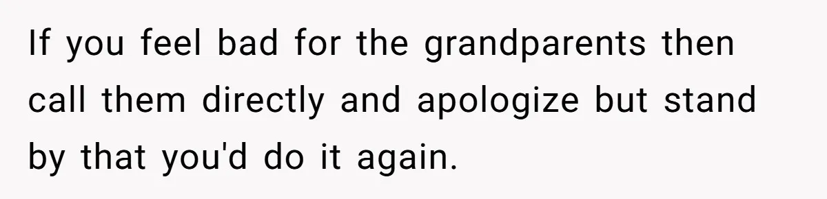 If you feel bad for the grandparents then call them directly and apologize but stand by that you'd do it again.