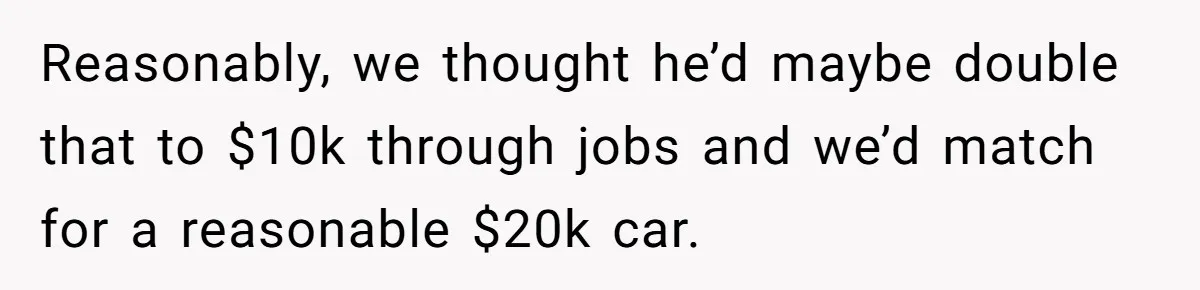 Reasonably, we thought he’d maybe double that to $10k through jobs and we’d match for a reasonable $20k car.