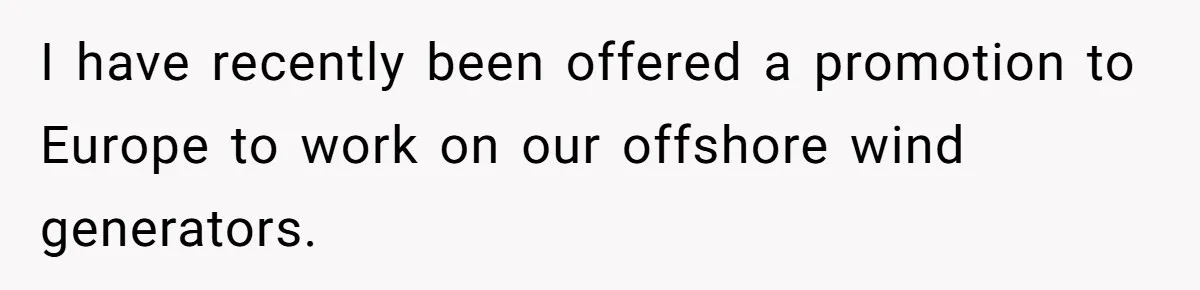 I have recently been offered a promotion to Europe to work on our offshore wind generators.