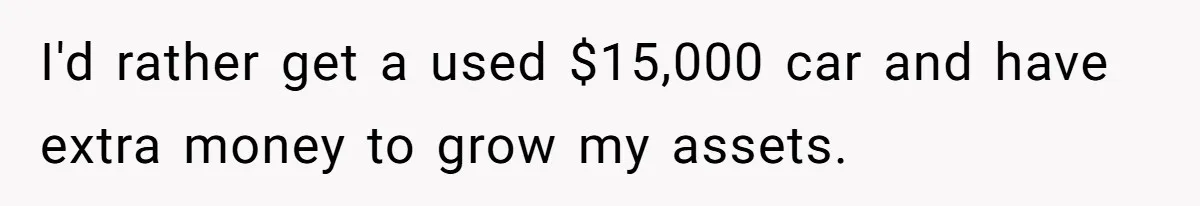 I'd rather get a used $15,000 car and have extra money to grow my assets.