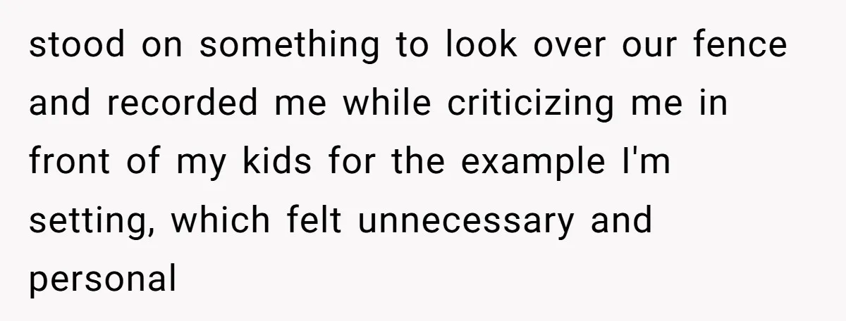 stood on something to look over our fence and recorded me while criticizing me in front of my kids for the example I'm setting, which felt unnecessary and personal