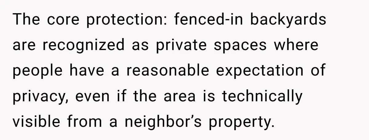 The core protection: fenced-in backyards are recognized as private spaces where people have a reasonable expectation of privacy, even if the area is technically visible from a neighbor’s property.