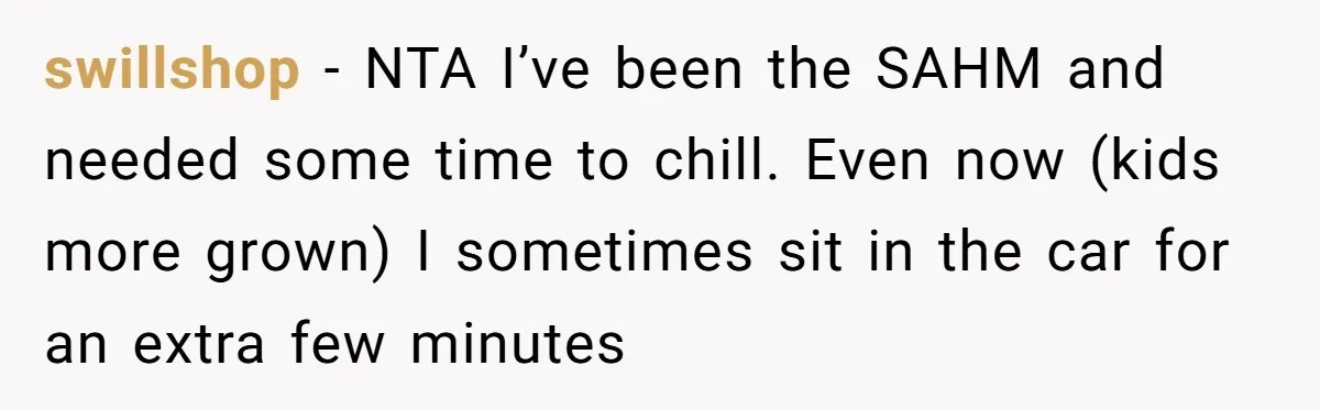 swillshop − NTA I’ve been the SAHM and needed some time to chill. Even now (kids more grown) I sometimes sit in the car for an extra few minutes
