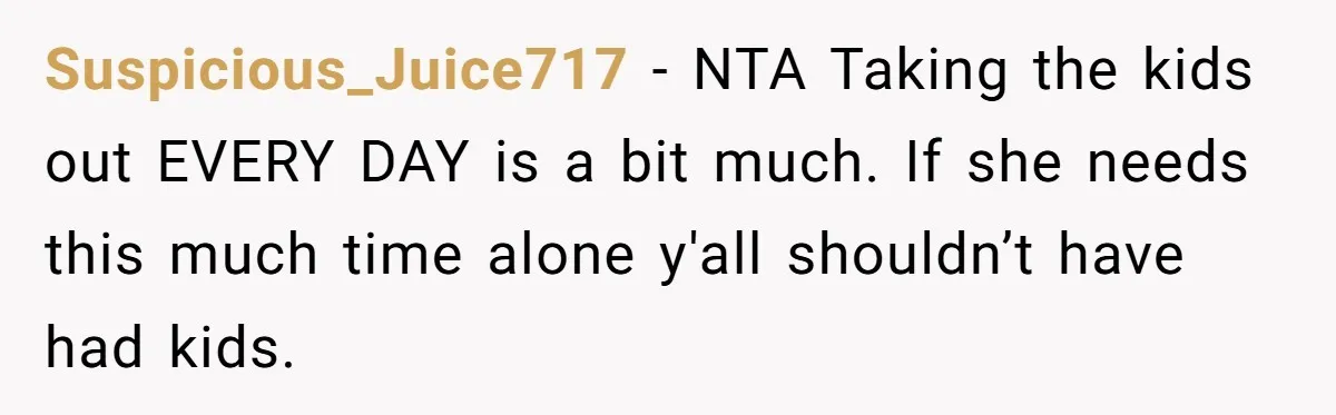 Suspicious_Juice717 − NTA Taking the kids out EVERY DAY is a bit much. If she needs this much time alone y'all shouldn’t have had kids.