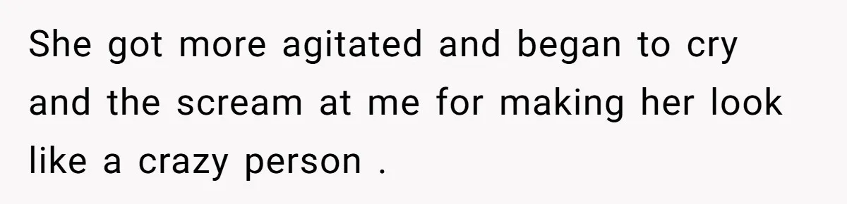 She got more agitated and began to cry and the scream at me for making her look like a crazy person .