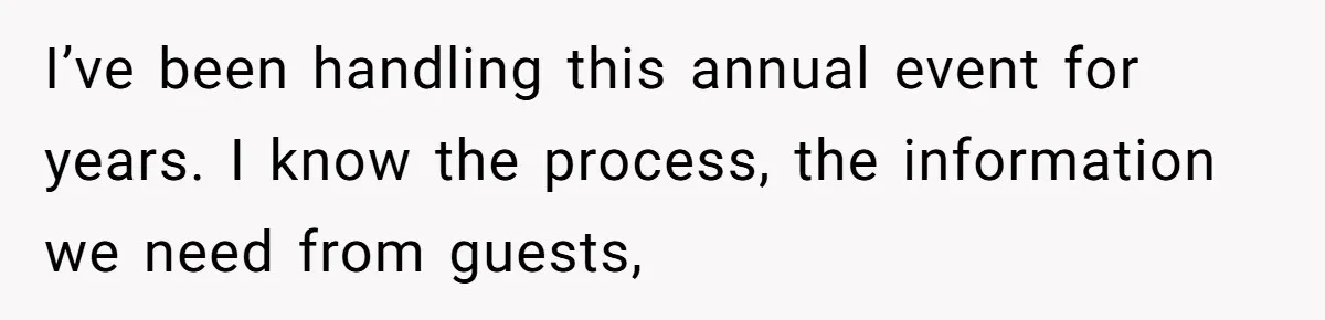 I’ve been handling this annual event for years. I know the process, the information we need from guests,