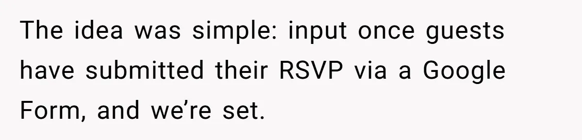 The idea was simple: input once guests have submitted their RSVP via a Google Form, and we’re set.