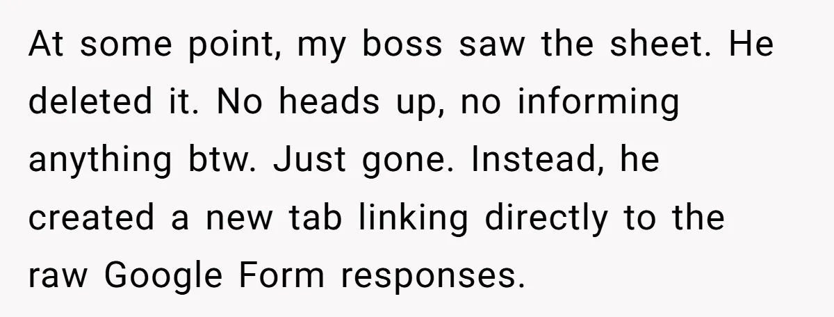 At some point, my boss saw the sheet. He deleted it. No heads up, no informing anything btw. Just gone. Instead, he created a new tab linking directly to the...