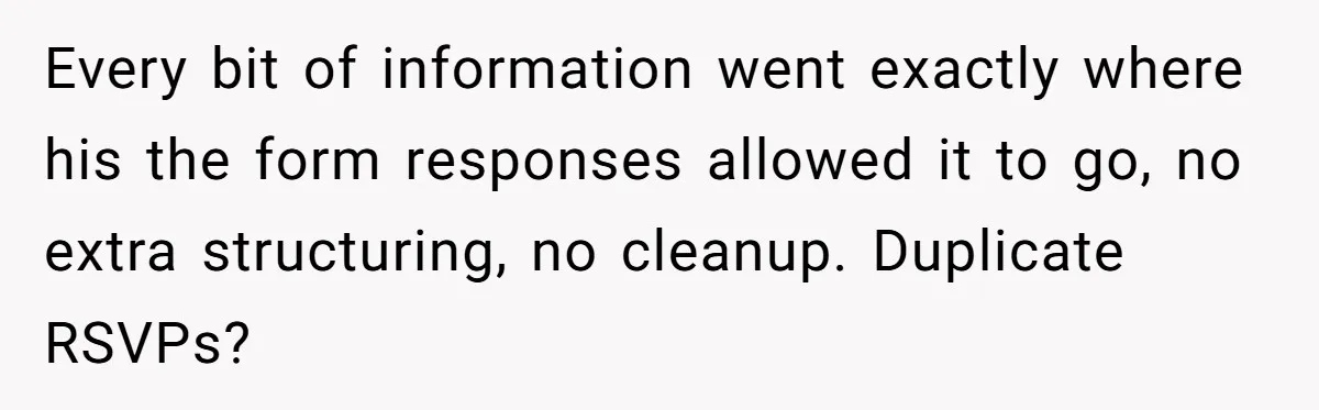Every bit of information went exactly where his the form responses allowed it to go, no extra structuring, no cleanup. Duplicate RSVPs?