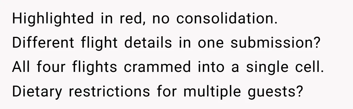Highlighted in red, no consolidation. Different flight details in one submission? All four flights crammed into a single cell. Dietary restrictions for multiple guests?