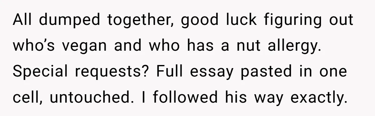 All dumped together, good luck figuring out who’s vegan and who has a nut allergy. Special requests? Full essay pasted in one cell, untouched. I followed his way exactly.