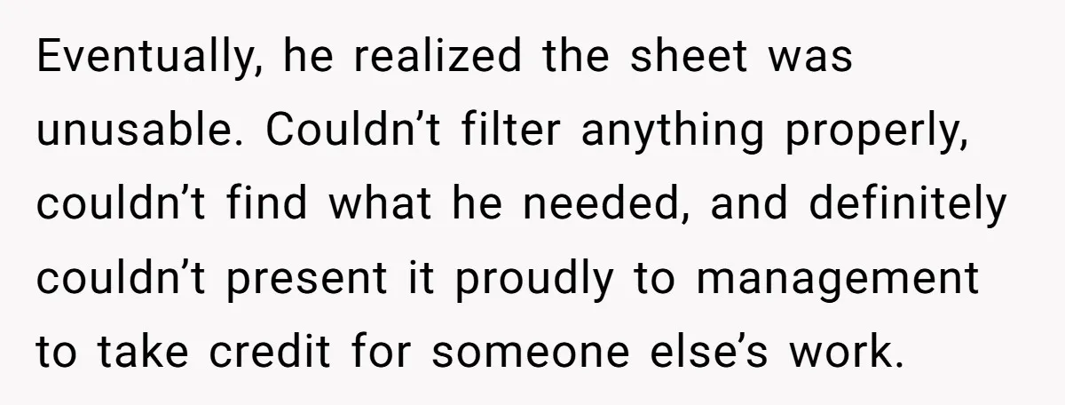 Eventually, he realized the sheet was unusable. Couldn’t filter anything properly, couldn’t find what he needed, and definitely couldn’t present it proudly to management to take credit for someone else’s...