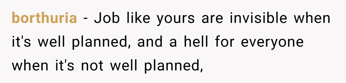 borthuria − Job like yours are invisible when it's well planned, and a hell for everyone when it's not well planned,