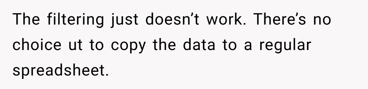 The filtering just doesn’t work. There’s no choice ut to copy the data to a regular spreadsheet.