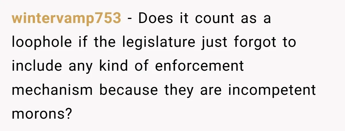 wintervamp753 − Does it count as a loophole if the legislature just forgot to include any kind of enforcement mechanism because they are incompetent morons?