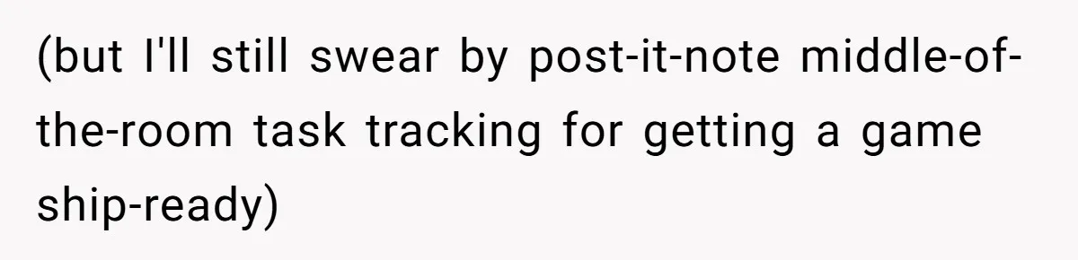 (but I'll still swear by post-it-note middle-of-the-room task tracking for getting a game ship-ready)