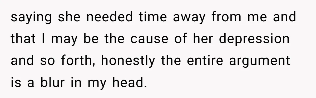 saying she needed time away from me and that I may be the cause of her depression and so forth, honestly the entire argument is a blur in my head.