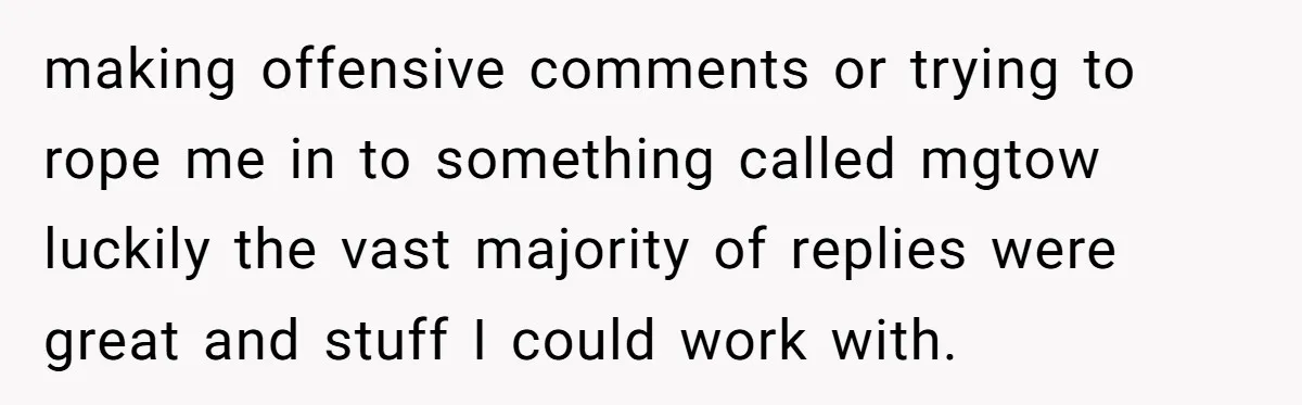 making offensive comments or trying to rope me in to something called mgtow luckily the vast majority of replies were great and stuff I could work with.