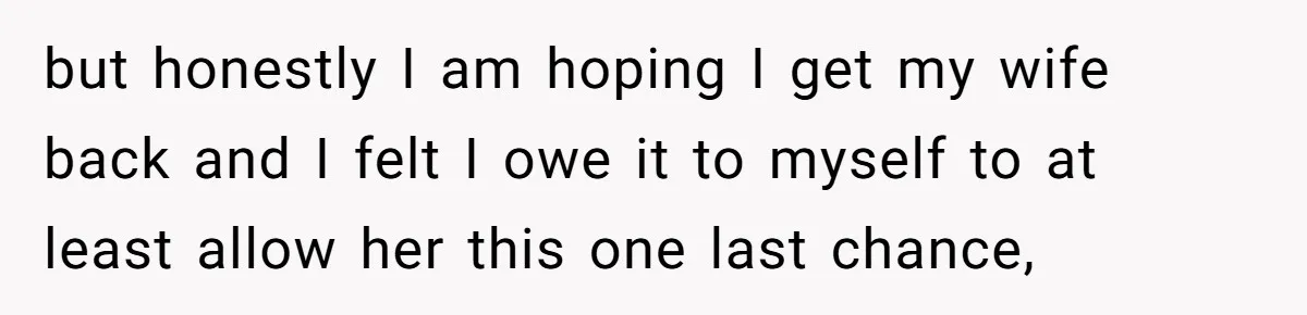 but honestly I am hoping I get my wife back and I felt I owe it to myself to at least allow her this one last chance,
