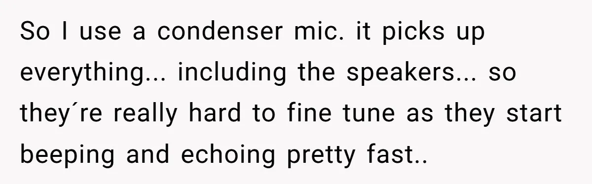 So I use a condenser mic. it picks up everything... including the speakers... so they´re really hard to fine tune as they start beeping and echoing pretty fast..