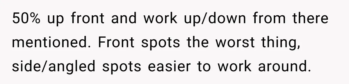 50% up front and work up/down from there mentioned. Front spots the worst thing, side/angled spots easier to work around.