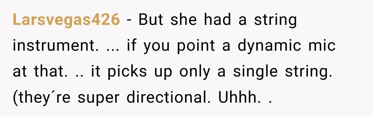Larsvegas426 − But she had a string instrument. ... if you point a dynamic mic at that. .. it picks up only a single string. (they´re super directional. Uhhh. .