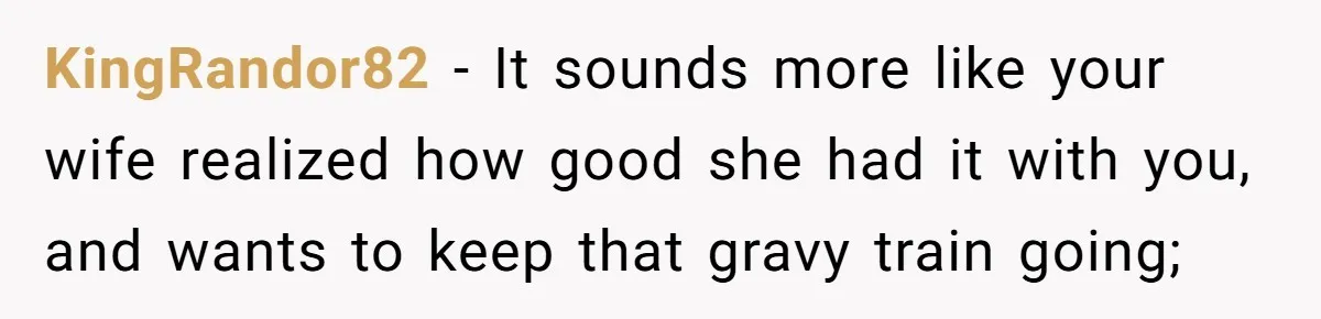 KingRandor82 − It sounds more like your wife realized how good she had it with you, and wants to keep that gravy train going;