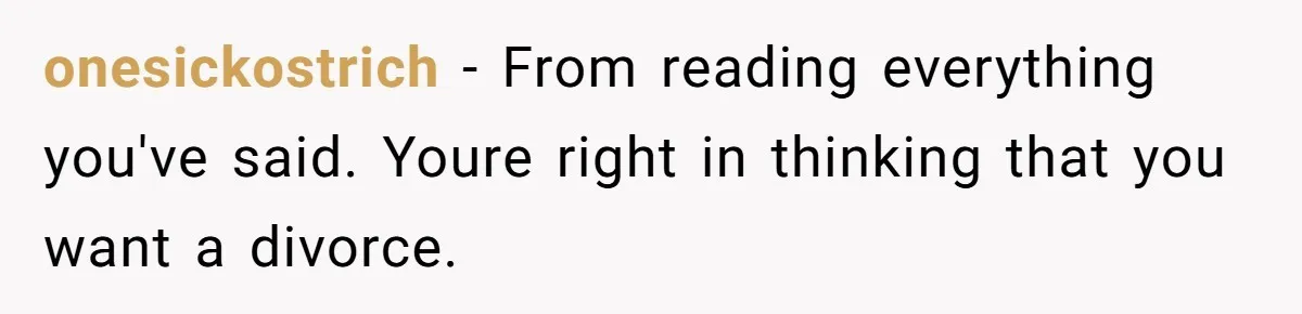 onesickostrich − From reading everything you've said. Youre right in thinking that you want a divorce.