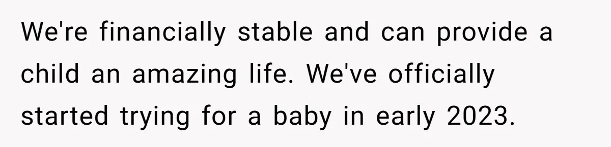 We're financially stable and can provide a child an amazing life. We've officially started trying for a baby in early 2023.