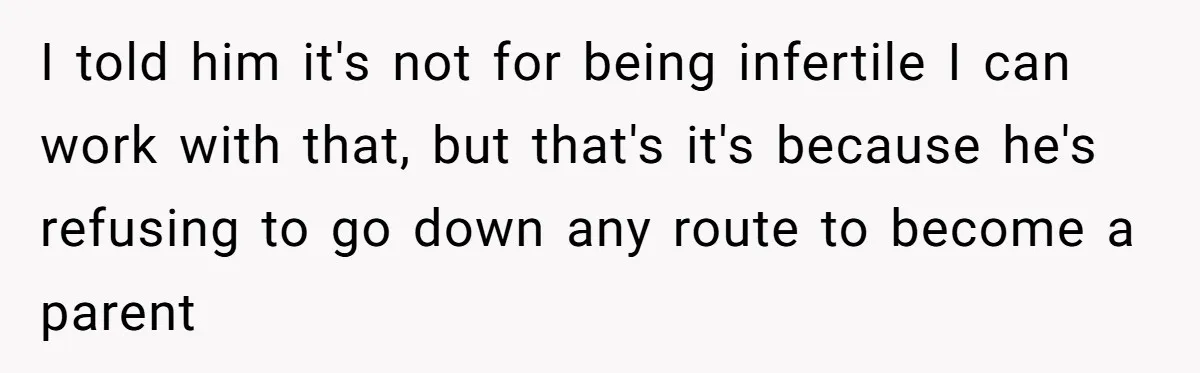 I told him it's not for being infertile I can work with that, but that's it's because he's refusing to go down any route to become a parent