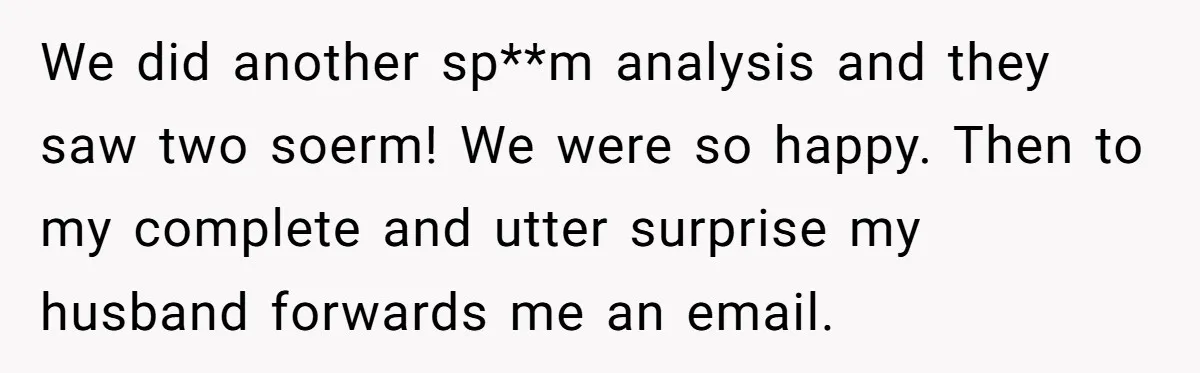 We did another sp**m analysis and they saw two soerm! We were so happy. Then to my complete and utter surprise my husband forwards me an email.