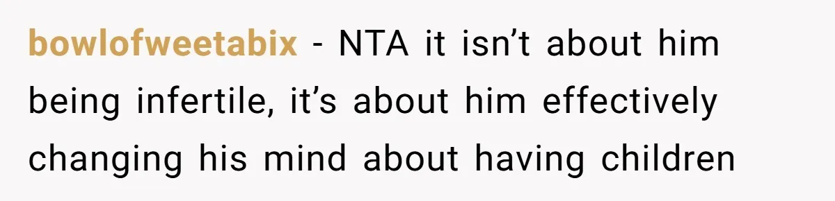 bowlofweetabix − NTA it isn’t about him being infertile, it’s about him effectively changing his mind about having children