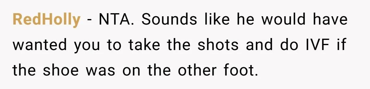 RedHolly − NTA. Sounds like he would have wanted you to take the shots and do IVF if the shoe was on the other foot.
