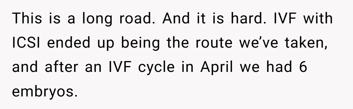 This is a long road. And it is hard. IVF with ICSI ended up being the route we’ve taken, and after an IVF cycle in April we had 6 embryos.