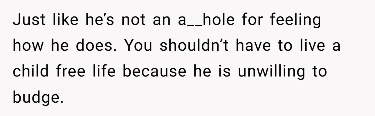 Just like he’s not an a__hole for feeling how he does. You shouldn’t have to live a child free life because he is unwilling to budge.